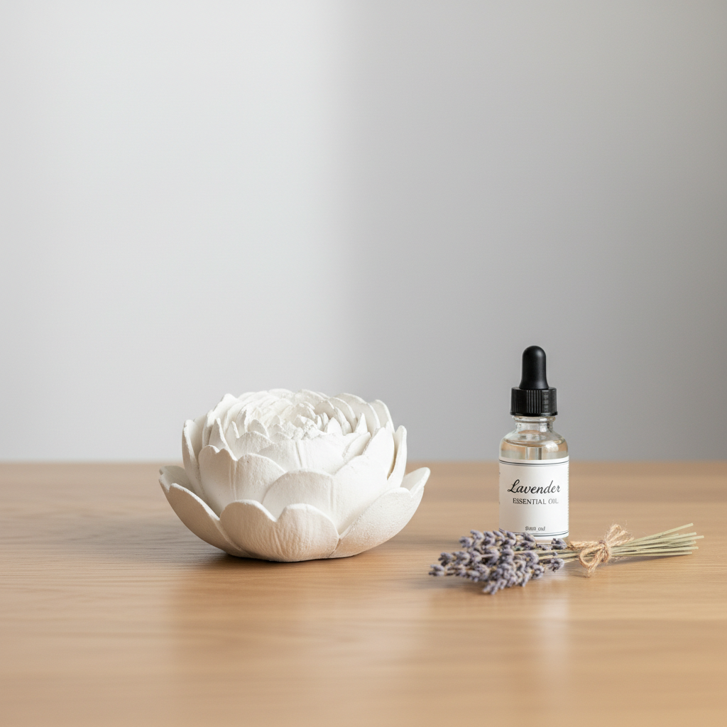 하얀색 작약 꽃 모양의 석고 방향제가 밝은 오크 우드 테이블 위에 놓여 있고 옆에는 작은 라벤더 에센셜 오일 병과 말린 라벤더 가지가 놓인 깨끗하고 미니멀한 감성의 사진