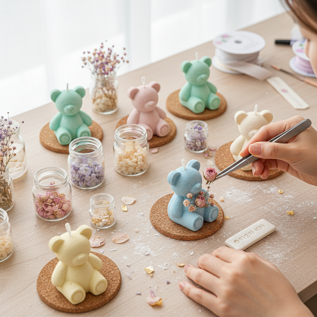 파스텔 톤의 테디베어 모양 석고 방향제 위에 핀셋을 이용해 작은 프리저브드 플라워를 섬세하게 장식하고 있는 밝고 화사한 작업대의 하이 앵글 샷