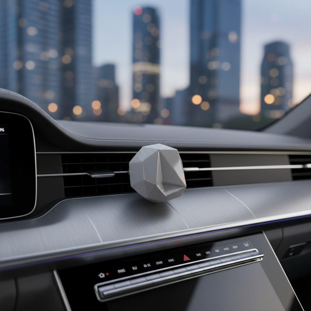 현대적인 자동차 송풍구에 장착된 기하학적 형태의 세련된 회색 석고 방향제와 부드럽게 흐려진 도시 배경이 어우러진 고급스러운 차량 인테리어 디테일 컷
