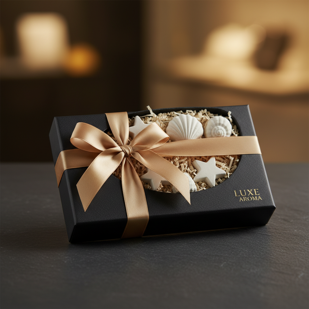 무광 블랙 기프트 박스 안에 크림색 종이 스타이로폼과 함께 담긴 조개와 별 모양의 석고 방향제 세트 그리고 샴페인 골드 실크 리본이 묶인 우아한 선물 패키지
