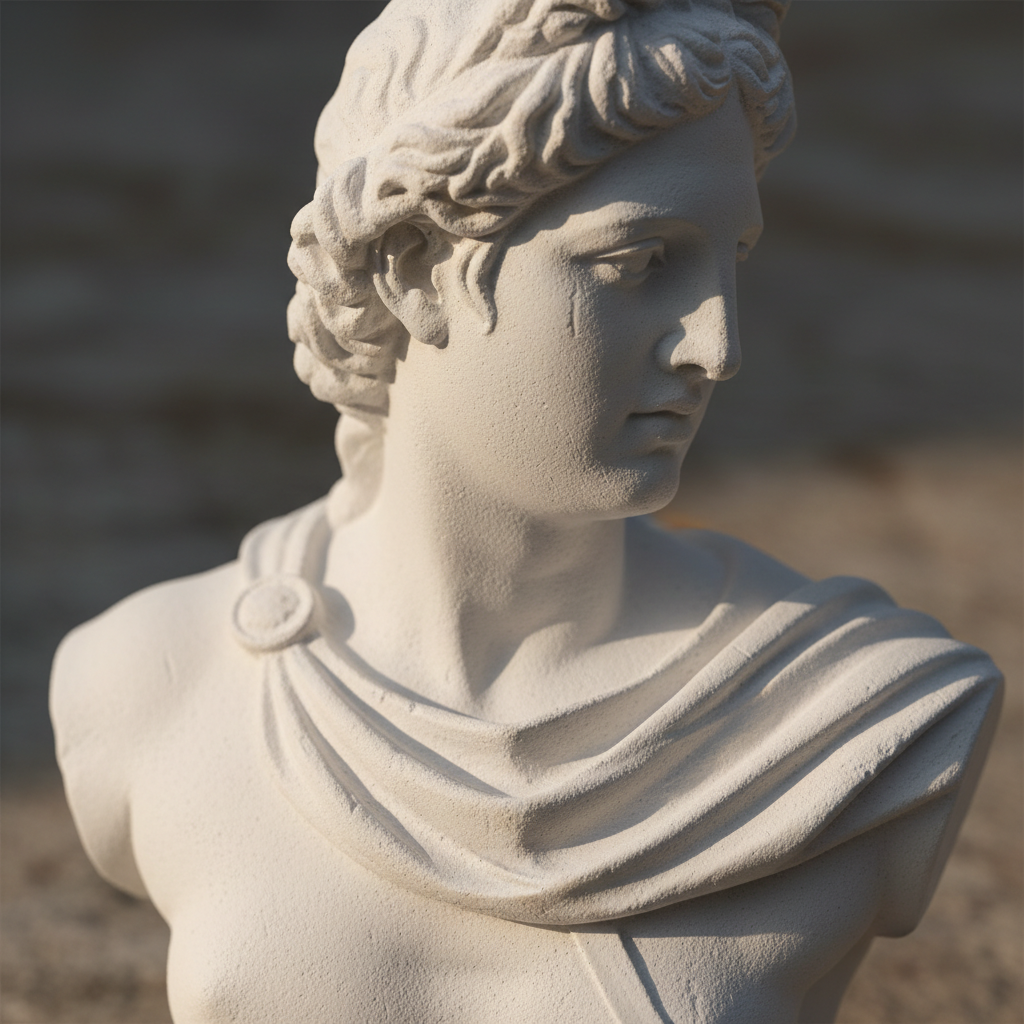 고전적인 그리스 조각상 형태의 석고 방향제를 근접 촬영하여 매트한 질감과 섬세한 윤곽선을 강조한 드라마틱한 측면 조명의 매크로 사진