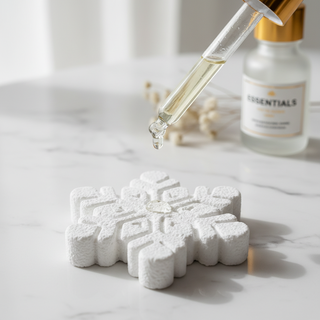 유리 스포이드를 이용해 눈꽃 모양의 하얀 석고 방향제 중심에 투명한 에센셜 오일 한 방울을 떨어뜨리는 찰나를 포착한 깨끗하고 밝은 분위기의 사진