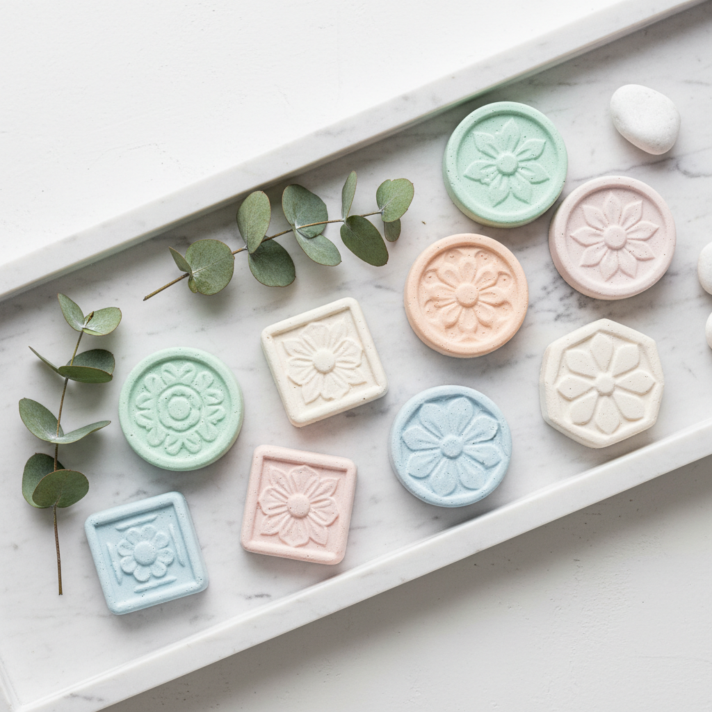 화이트 마블 트레이 위에 민트와 피치 등 파스텔 색상의 다양한 석고 방향제들이 유칼립투스 잎과 함께 조화롭게 배치된 고품질 플랫 레이 이미지